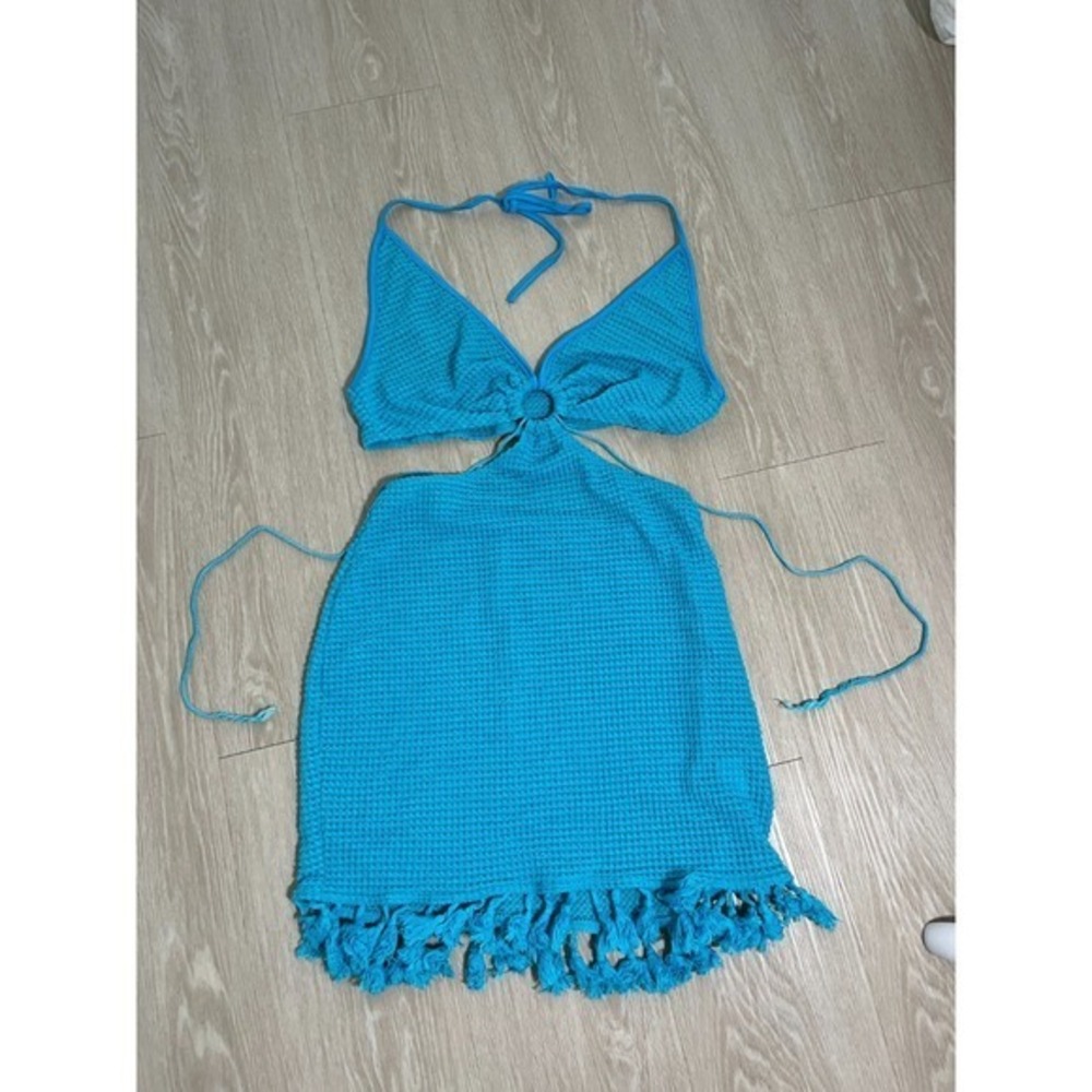 Y2K Fairy Coastal Boho Festival Womens Dress Blue L Knit Keyhole Fringe Short